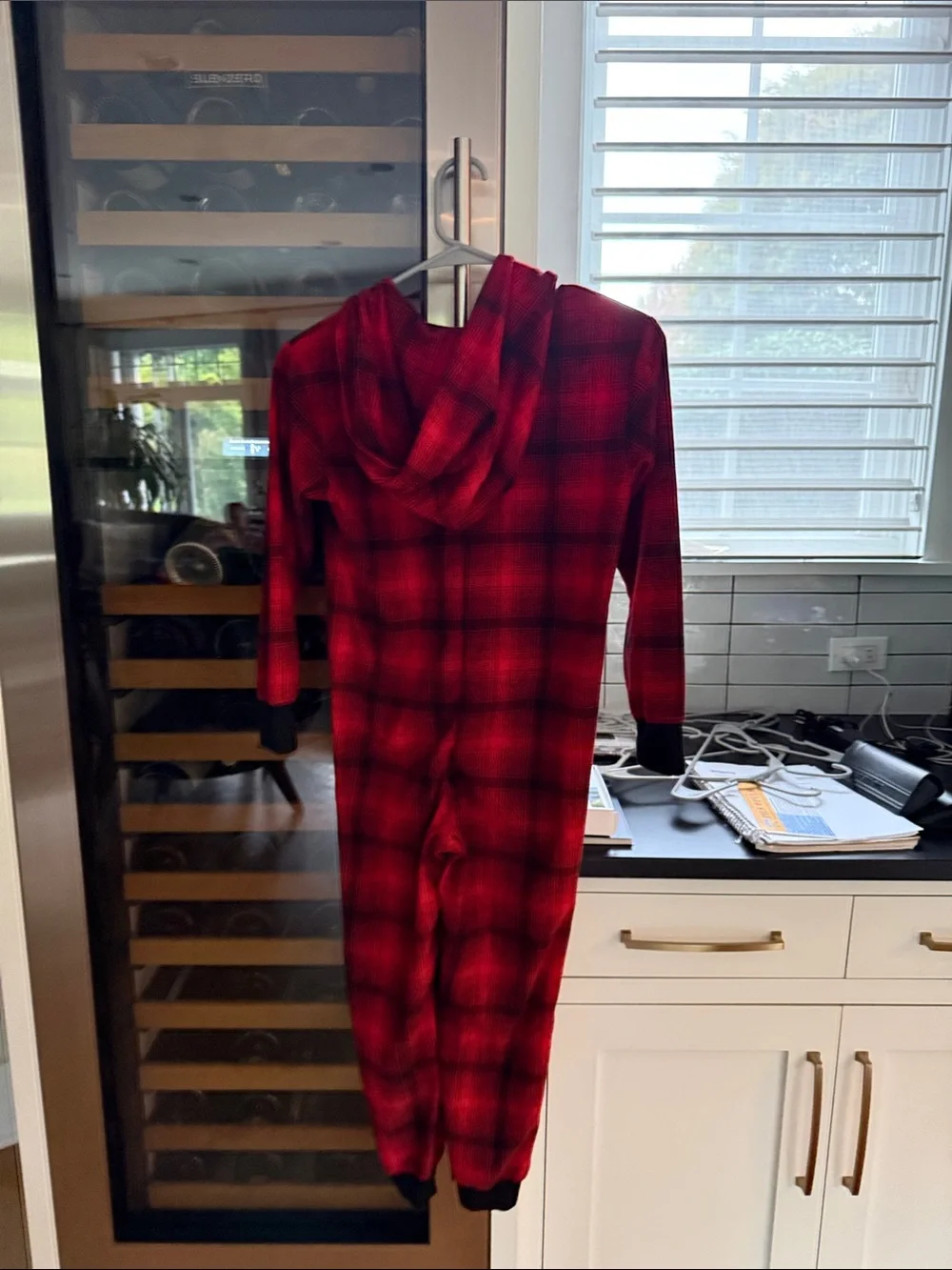 GAP Red and Black Plaid Hooded Kids One-Piece Pajamas